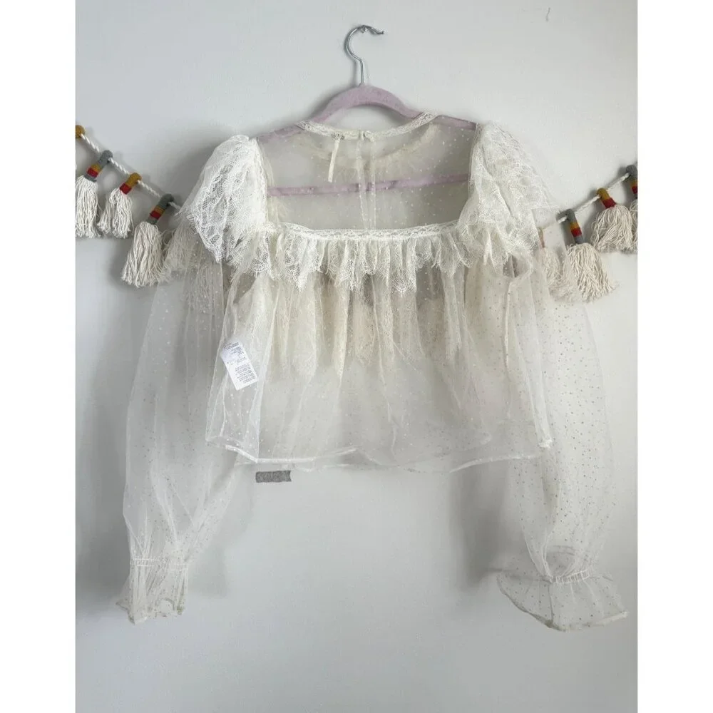 Free People Chloe Swiss Dot Lace Ruffle Sheer White Top Cottage Romantic Dainty